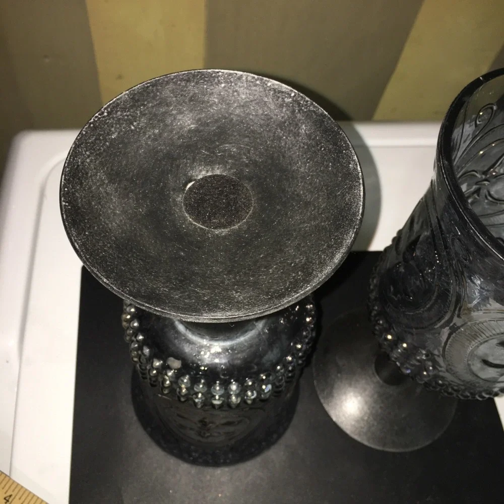 Vtg  Fleur De Lis Metal and Smokey Blue Iridescent Glass GothicCandle Holders